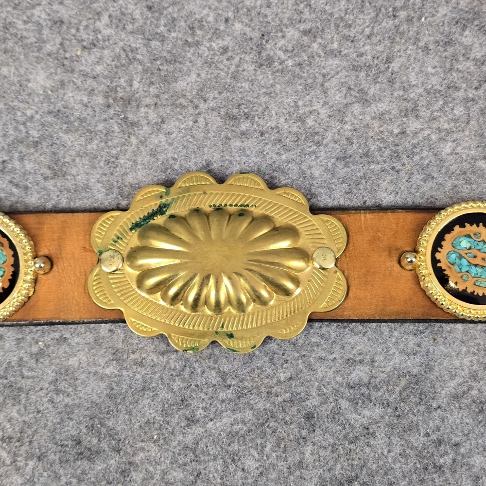Western Concho Belt 48" Brown Leather Brass Tone Turquoise Inlay Studded Conchos - Picture 5 of 16